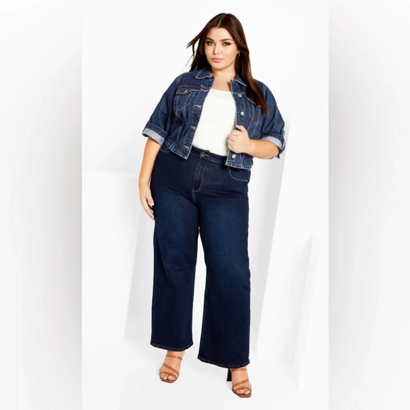 City Chic Denim Collared Crop Short Sleeve Jacket - dark denim Blue Jean Size 16 - Picture 4 of 11